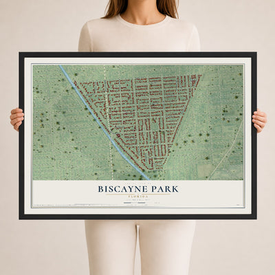 Biscayne Park, Florida map print, 24" x 36" W/ Black Ayous Wood Frame mockup