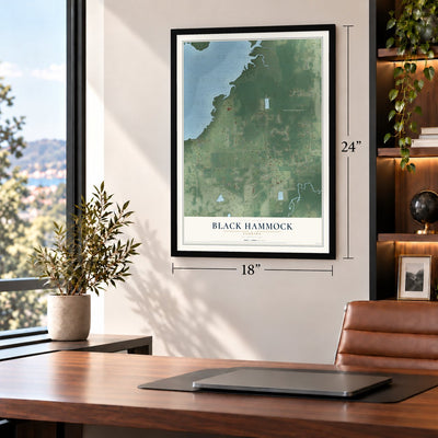 Black Hammock, Florida map, 18 x 24 inch print in a black frame in a home office