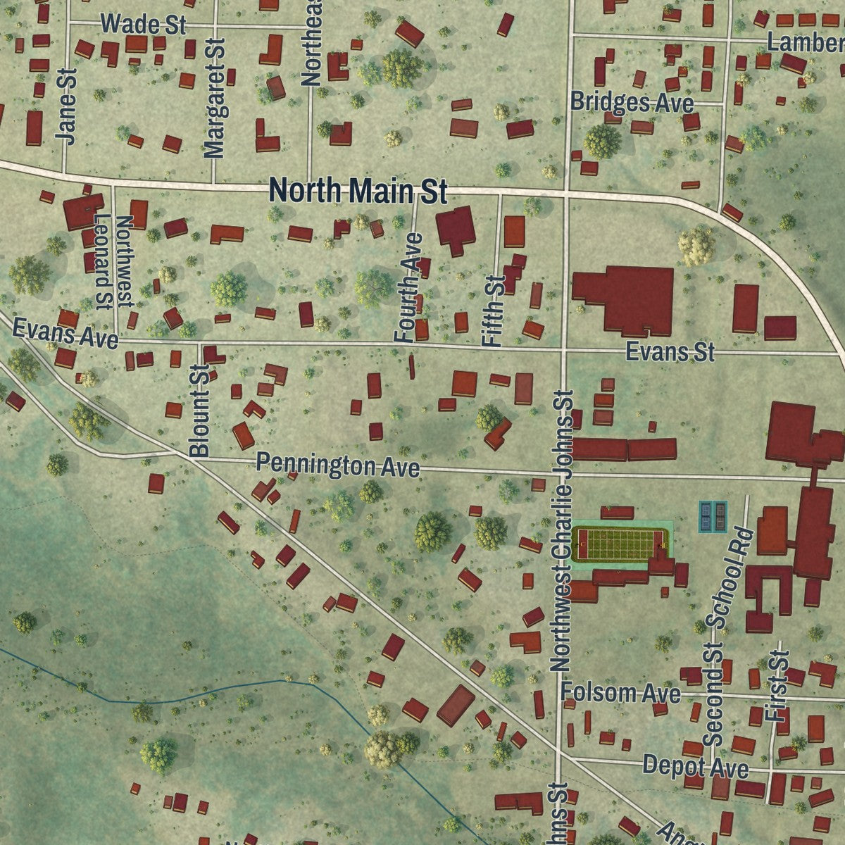 Close-up 2 of the Blountstown, Florida map artwork