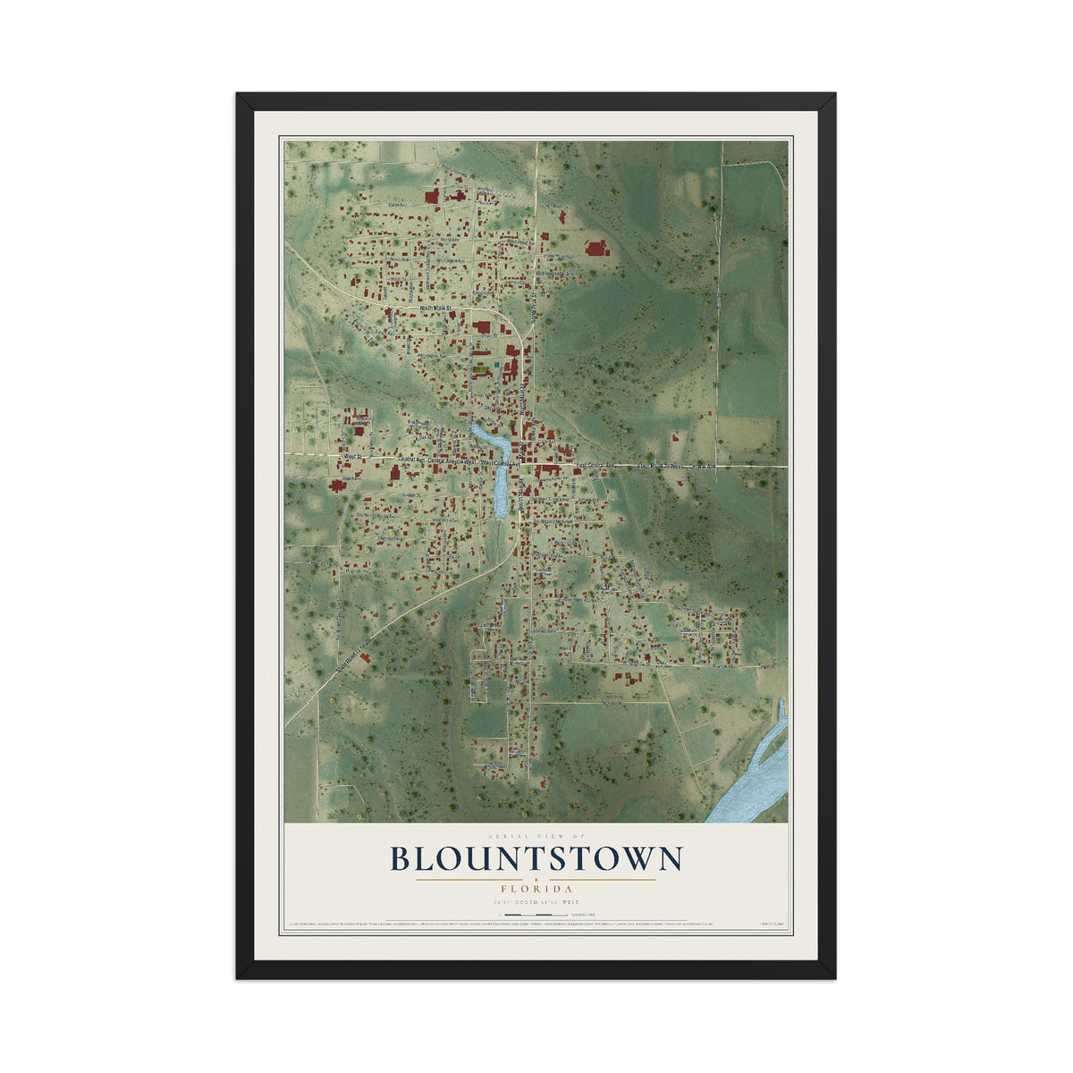 Blountstown, Florida map print, 12" x 18" W/ Black Ayous Wood Frame mockup