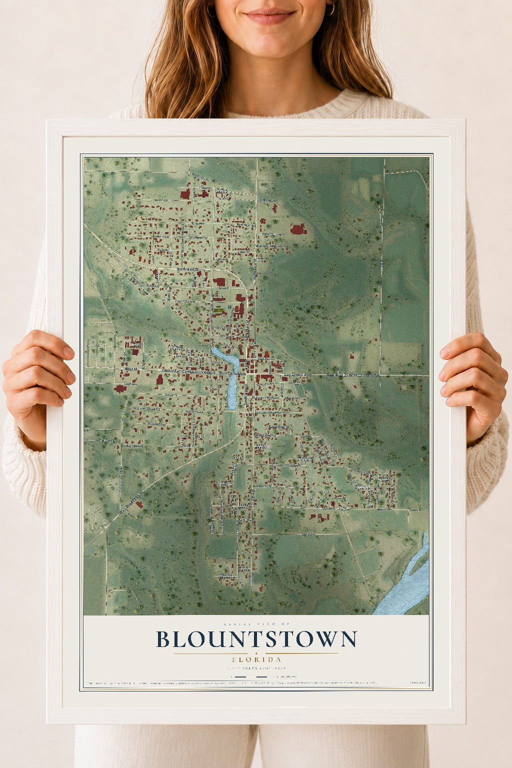 Blountstown, Florida map print, 18" x 24" W/ White Ayous Wood Frame mockup
