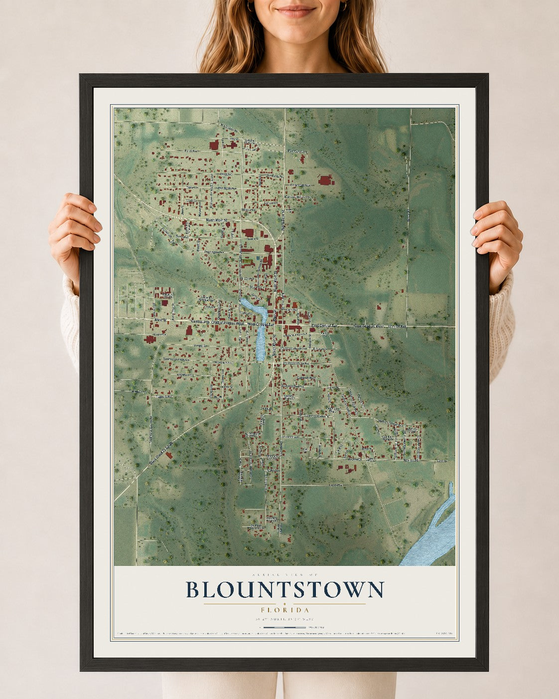 Blountstown, Florida map print, 24" x 36" W/ Black Ayous Wood Frame mockup