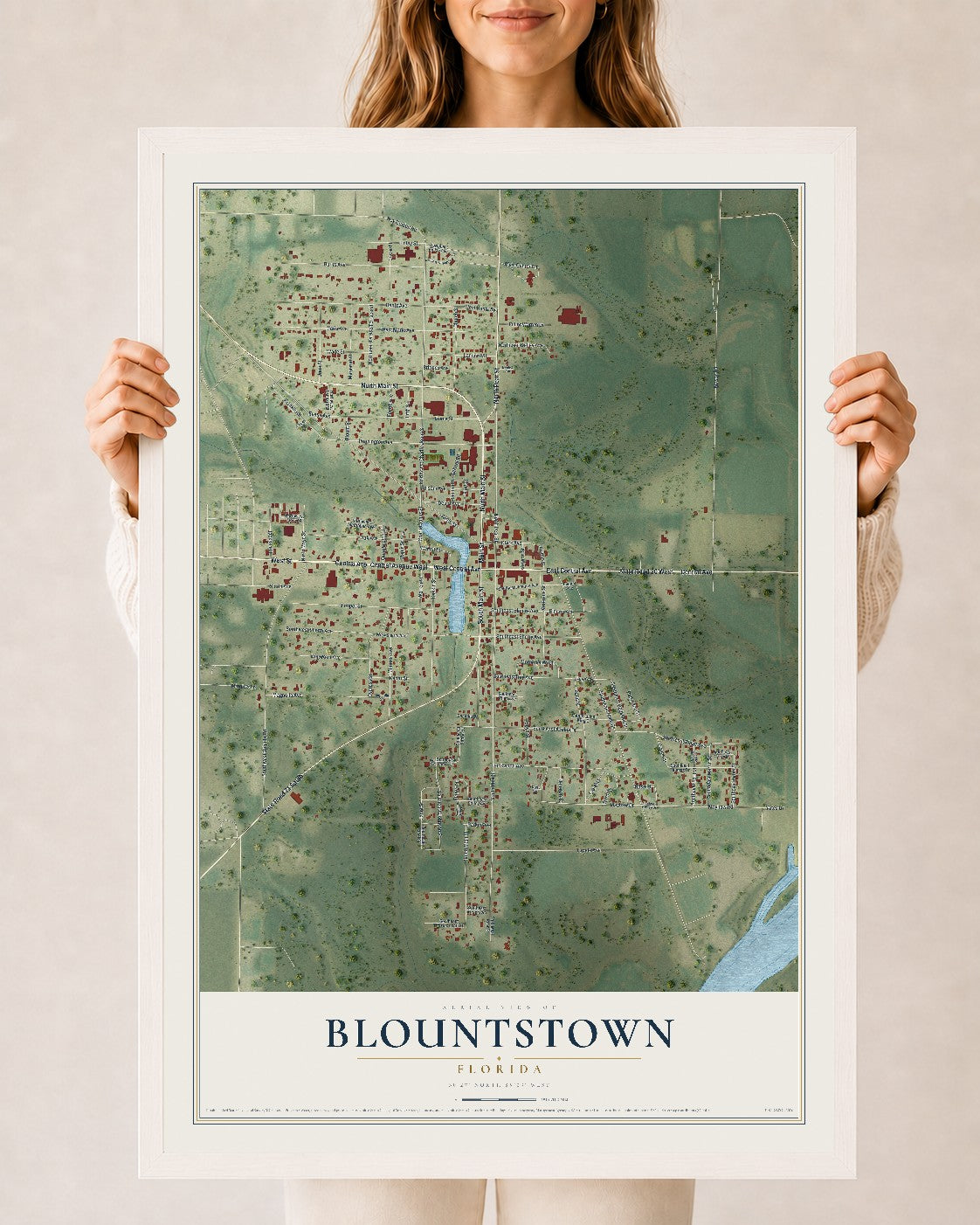 Blountstown, Florida map print, 24" x 36" W/ White Ayous Wood Frame mockup