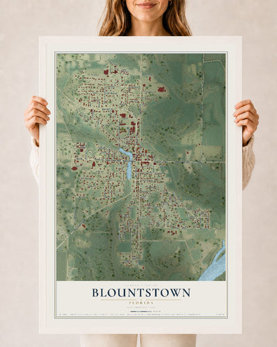 Blountstown, Florida map print, 24" x 36" W/ White Ayous Wood Frame mockup