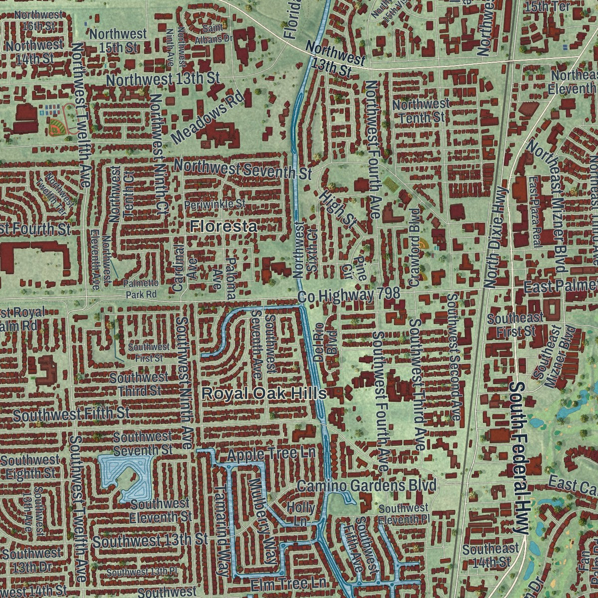 Close-up 1 of the Boca Raton, Florida map artwork