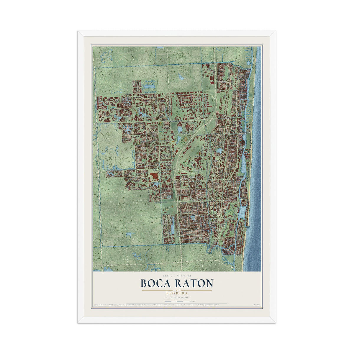 Boca Raton, Florida map print, 12" x 18" W/ White Ayous Wood Frame mockup