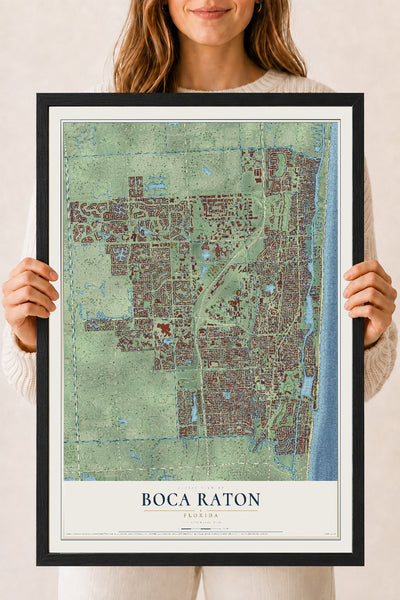 Boca Raton, Florida map print, 18" x 24" W/ Black Ayous Wood Frame mockup