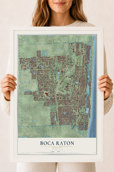 Boca Raton, Florida map print, 18" x 24" W/ White Ayous Wood Frame mockup