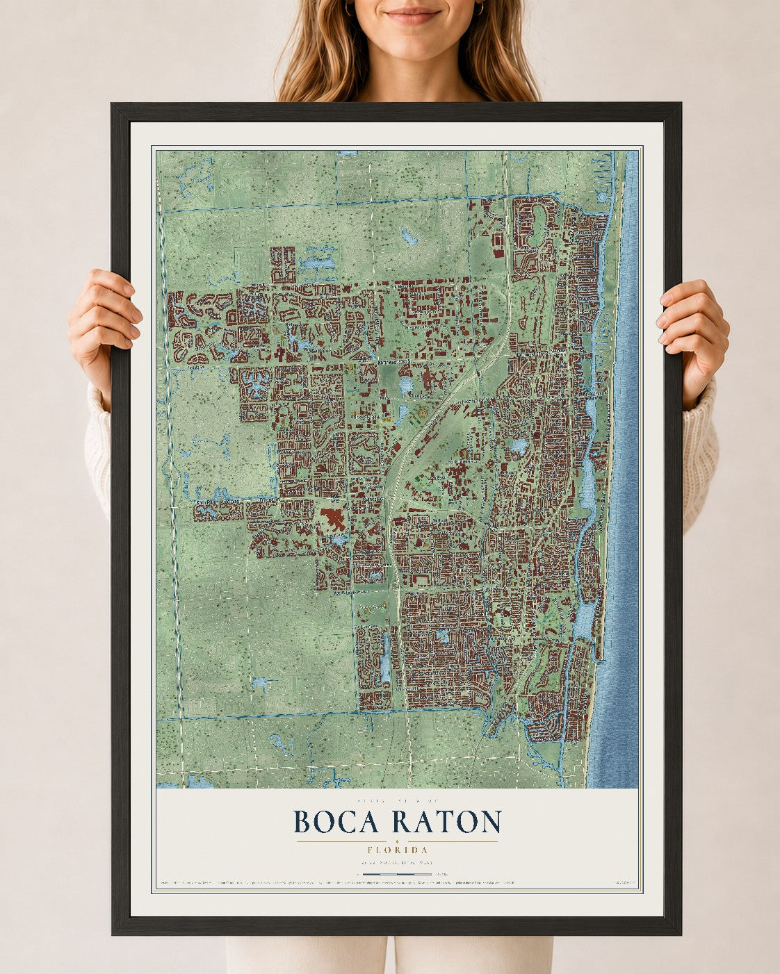Boca Raton, Florida map print, 24" x 36" W/ Black Ayous Wood Frame mockup