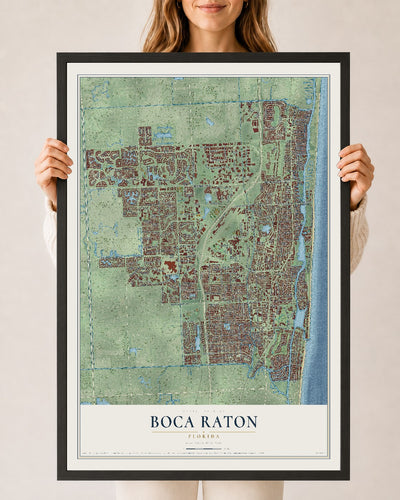 Boca Raton, Florida map print, 24" x 36" W/ Black Ayous Wood Frame mockup