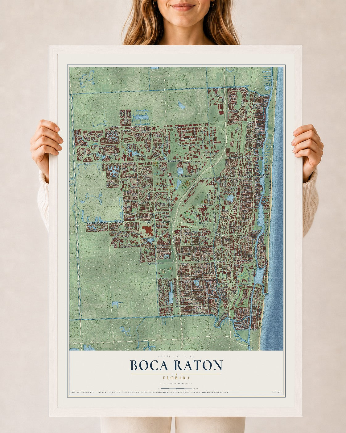 Boca Raton, Florida map print, 24" x 36" W/ White Ayous Wood Frame mockup