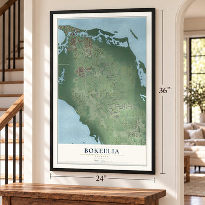 Bokeelia, Florida map, 24 x 36 inch print in a black frame by a staircase
