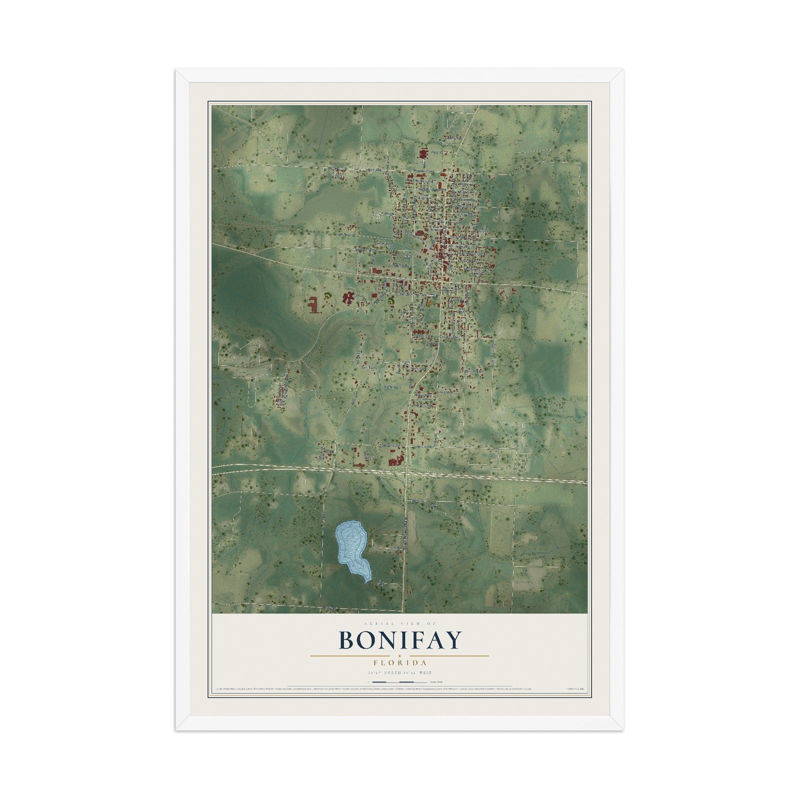 Bonifay, Florida map print, 12" x 18" W/ White Ayous Wood Frame mockup