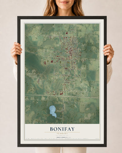 Bonifay, Florida map print, 24" x 36" W/ Black Ayous Wood Frame mockup