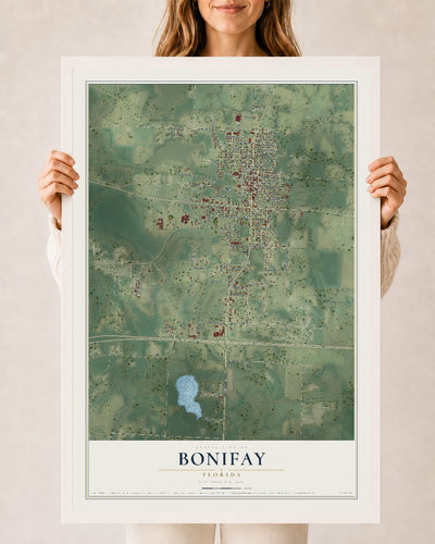 Bonifay, Florida map print, 24" x 36" W/ White Ayous Wood Frame mockup