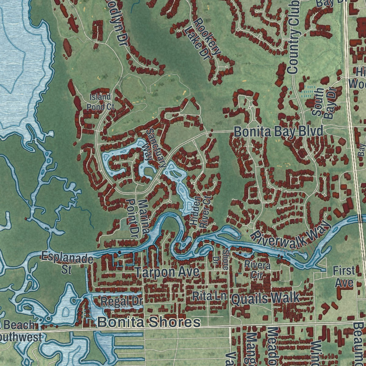 Close-up 2 of the Bonita Springs, Florida map artwork