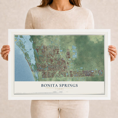 Bonita Springs, Florida map print, 12" x 18" W/ White Ayous Wood Frame mockup