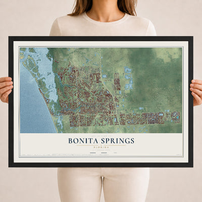 Bonita Springs, Florida map print, 18" x 24" W/ Black Ayous Wood Frame mockup