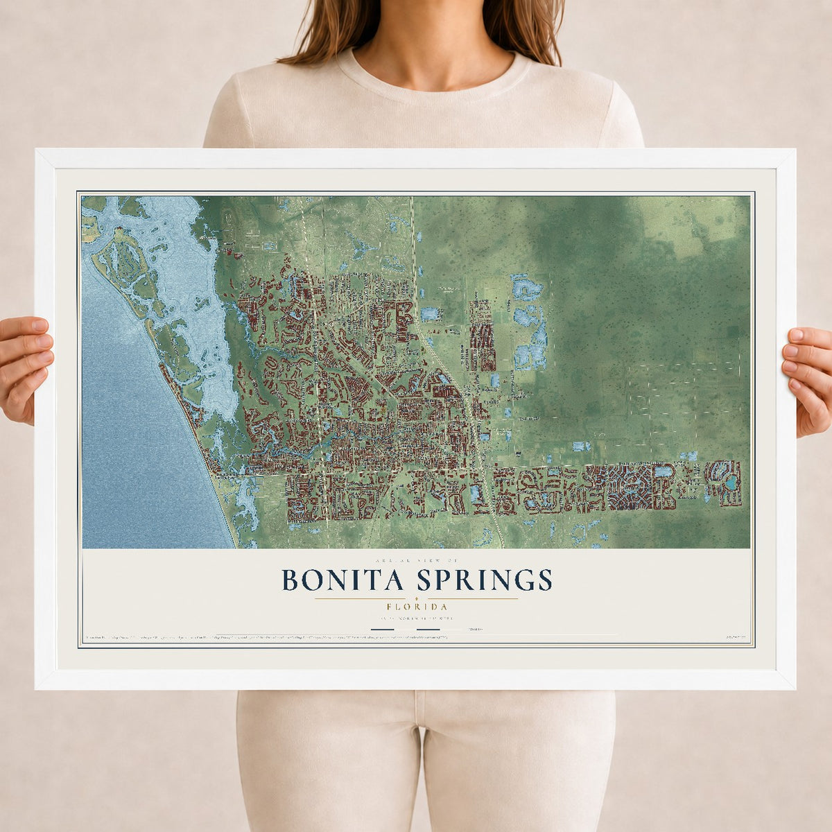 Bonita Springs, Florida map print, 18" x 24" W/ White Ayous Wood Frame mockup