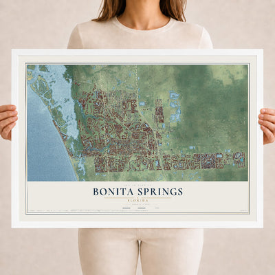 Bonita Springs, Florida map print, 18" x 24" W/ White Ayous Wood Frame mockup