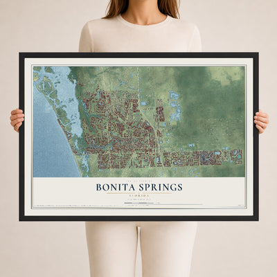 Bonita Springs, Florida map print, 24" x 36" W/ Black Ayous Wood Frame mockup