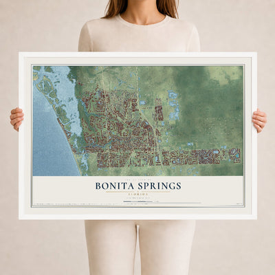 Bonita Springs, Florida map print, 24" x 36" W/ White Ayous Wood Frame mockup