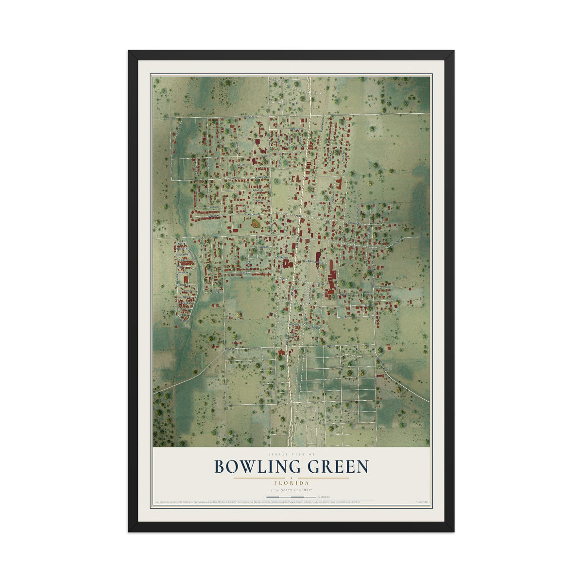 Bowling Green, Florida map print, 12" x 18" W/ Black Ayous Wood Frame mockup
