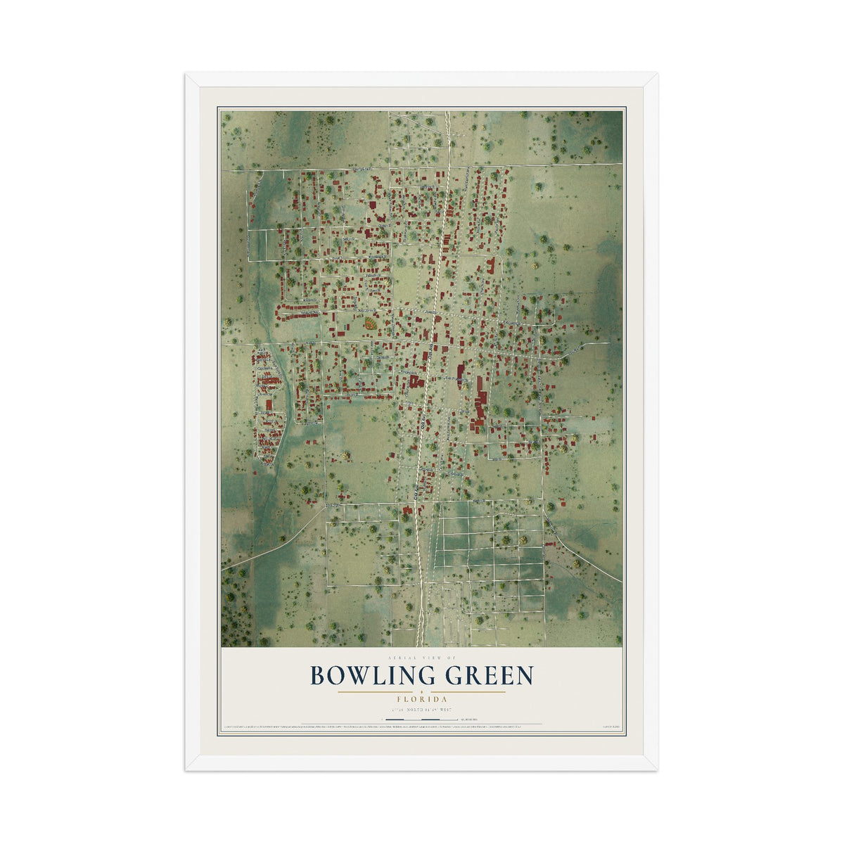 Bowling Green, Florida map print, 12" x 18" W/ White Ayous Wood Frame mockup