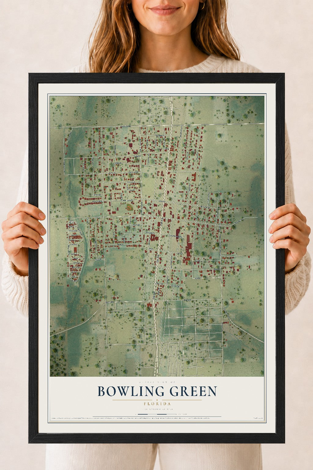 Bowling Green, Florida map print, 18" x 24" W/ Black Ayous Wood Frame mockup