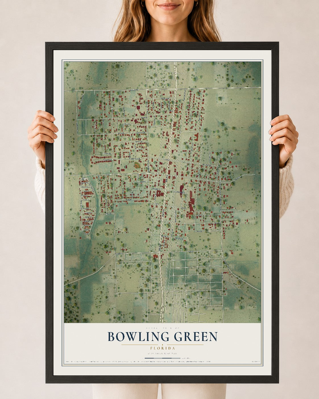 Bowling Green, Florida map print, 24" x 36" W/ Black Ayous Wood Frame mockup