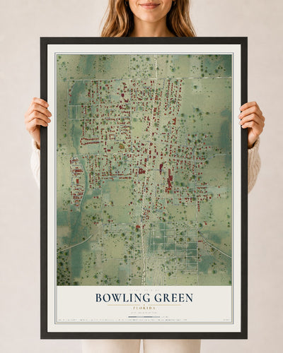 Bowling Green, Florida map print, 24" x 36" W/ Black Ayous Wood Frame mockup