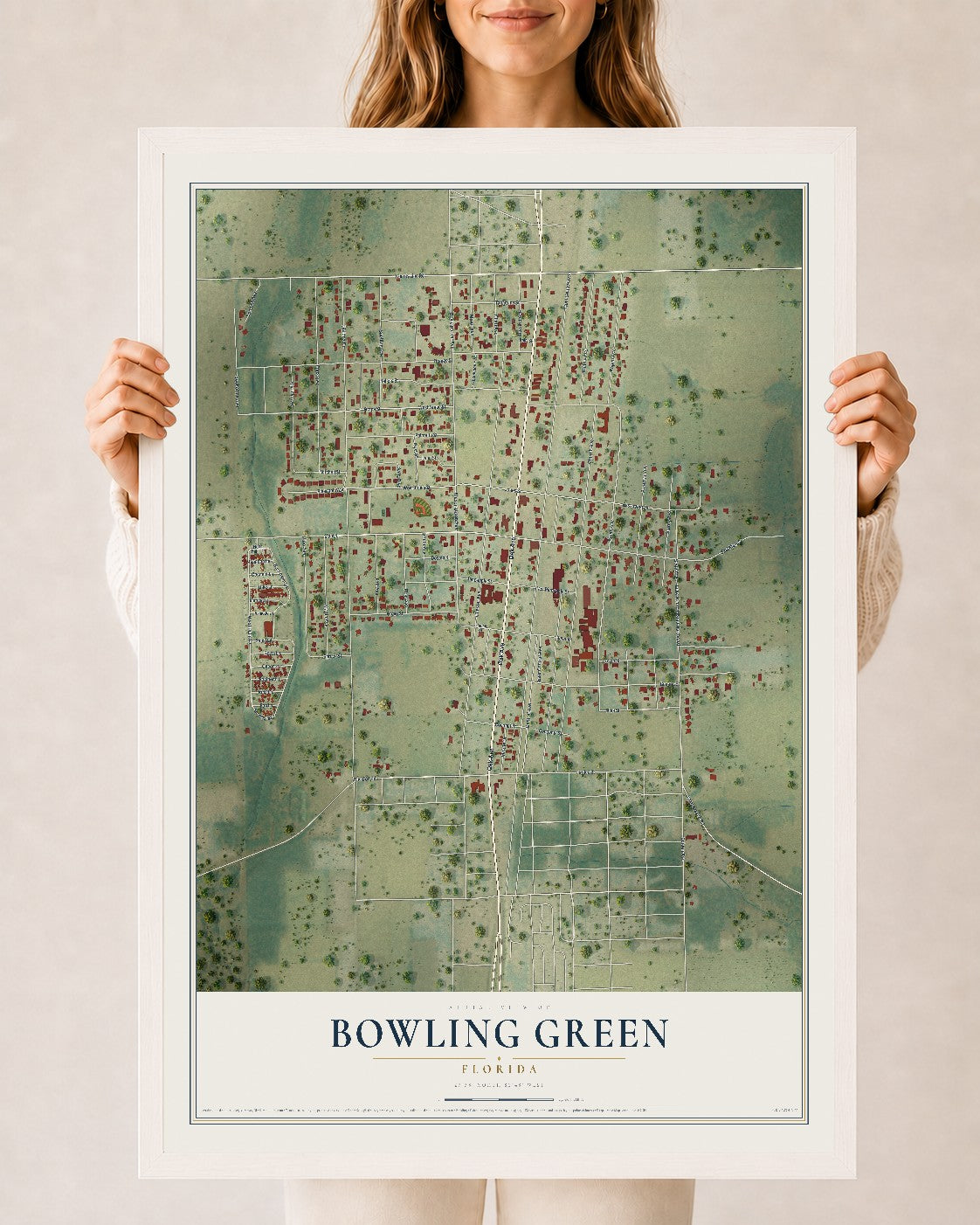 Bowling Green, Florida map print, 24" x 36" W/ White Ayous Wood Frame mockup