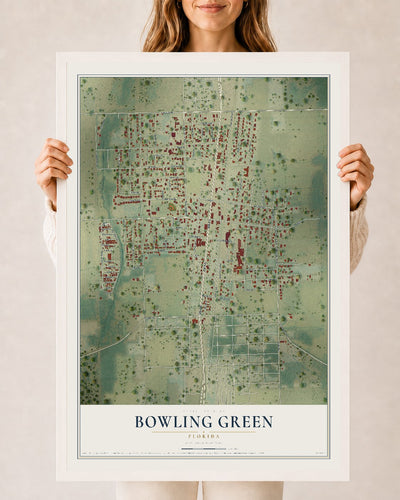 Bowling Green, Florida map print, 24" x 36" W/ White Ayous Wood Frame mockup