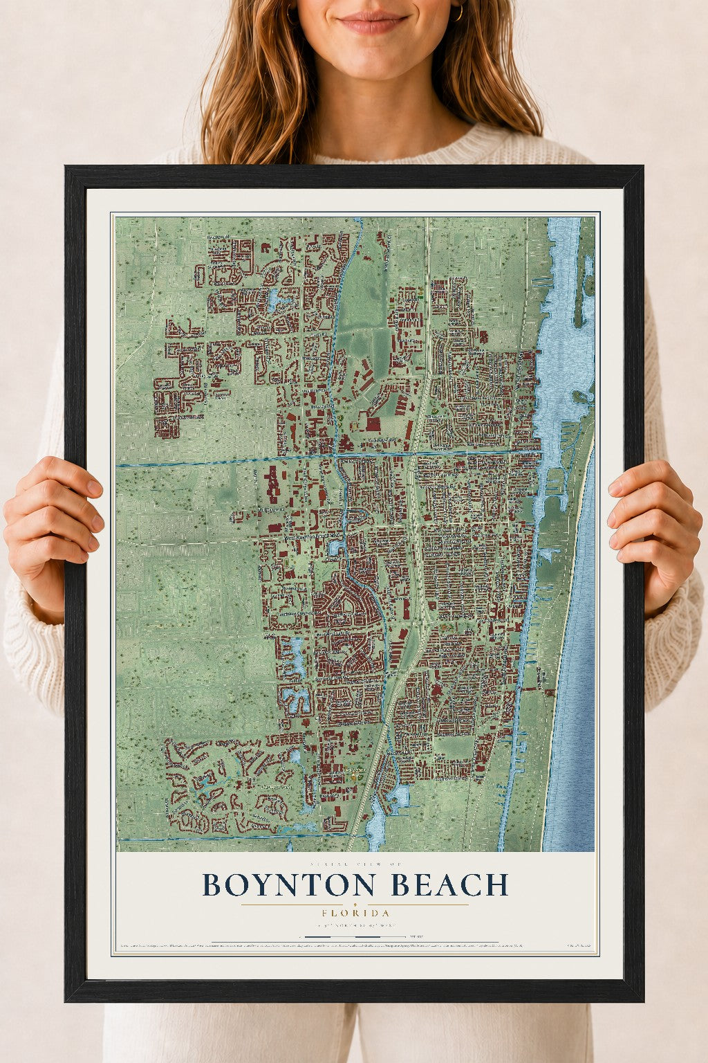 Boynton Beach, Florida map print, 18" x 24" W/ Black Ayous Wood Frame mockup