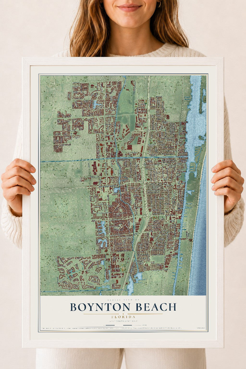 Boynton Beach, Florida map print, 18" x 24" W/ White Ayous Wood Frame mockup