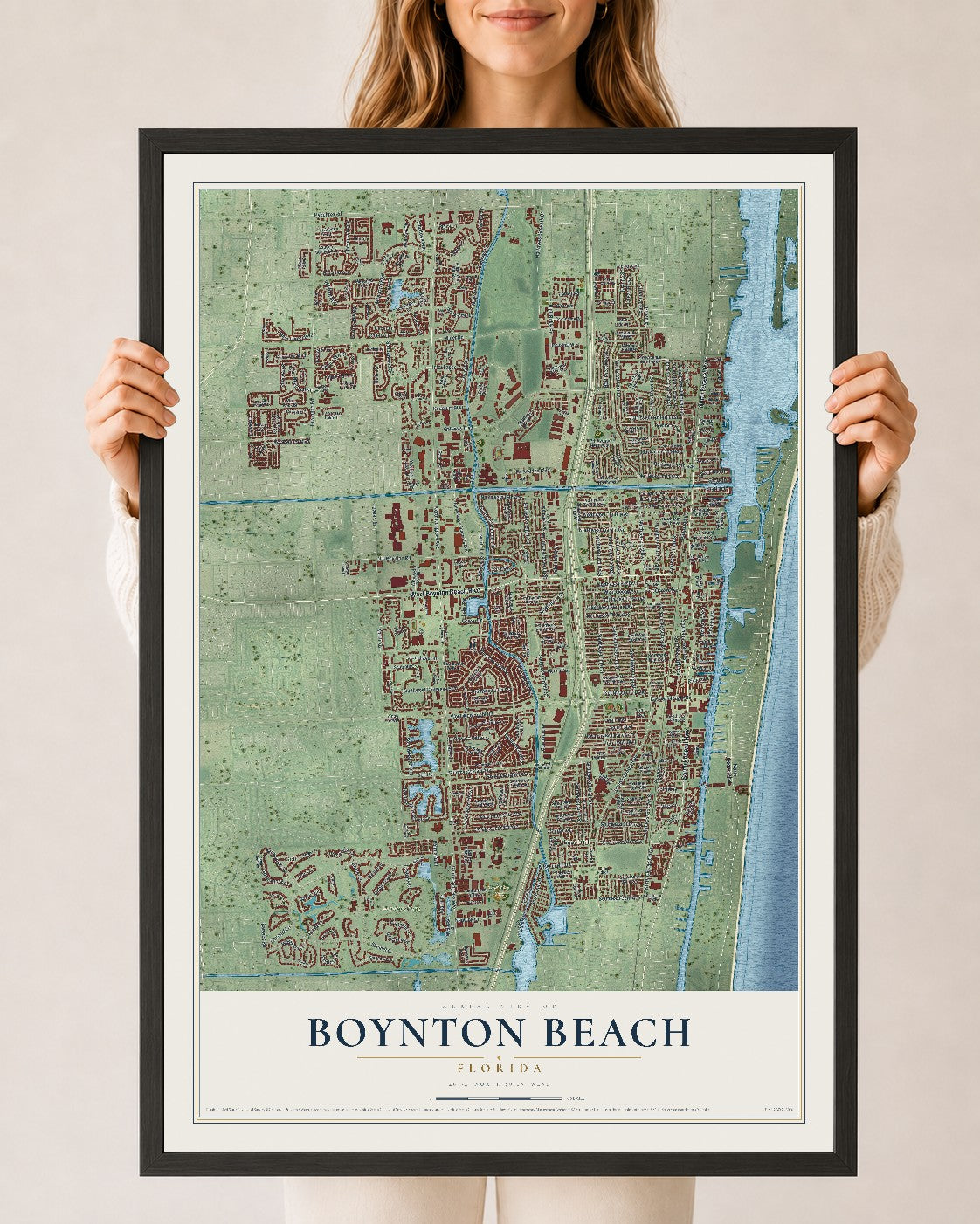 Boynton Beach, Florida map print, 24" x 36" W/ Black Ayous Wood Frame mockup