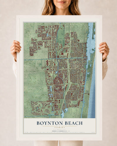 Boynton Beach, Florida map print, 24" x 36" W/ White Ayous Wood Frame mockup