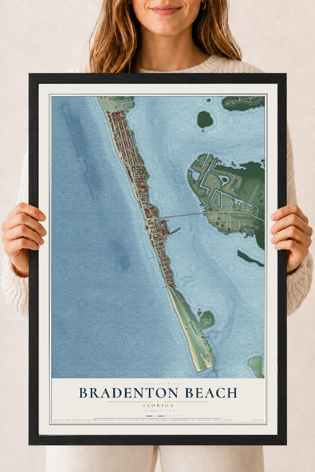 Bradenton Beach, Florida map print, 18" x 24" W/ Black Ayous Wood Frame mockup
