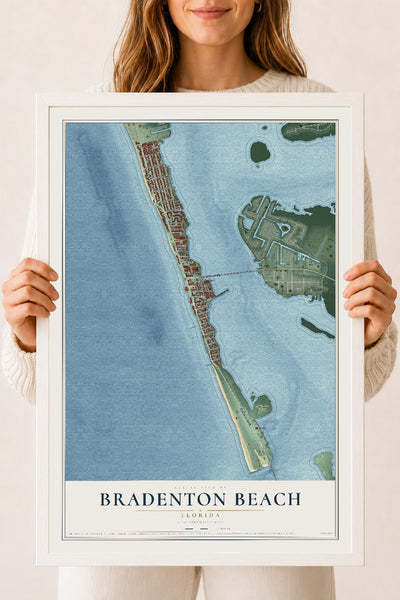 Bradenton Beach, Florida map print, 18" x 24" W/ White Ayous Wood Frame mockup