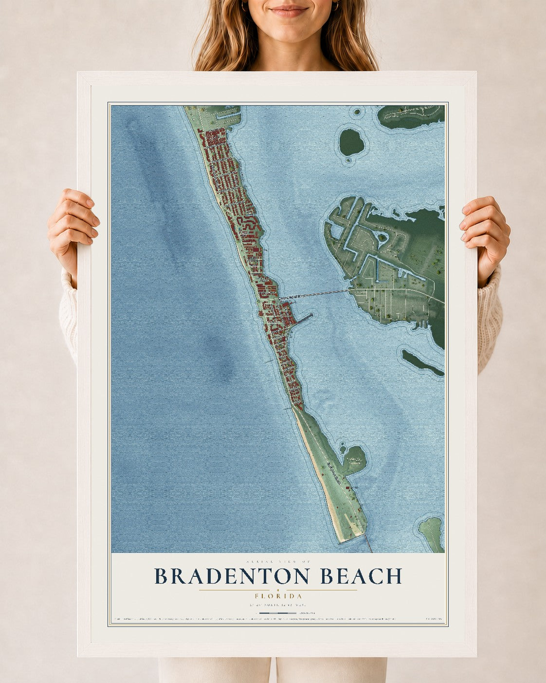 Bradenton Beach, Florida map print, 24" x 36" W/ White Ayous Wood Frame mockup