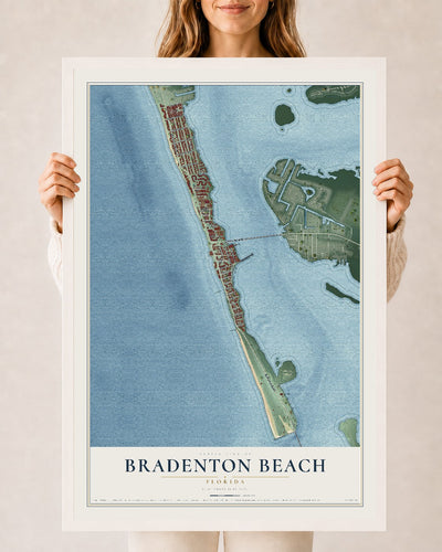 Bradenton Beach, Florida map print, 24" x 36" W/ White Ayous Wood Frame mockup
