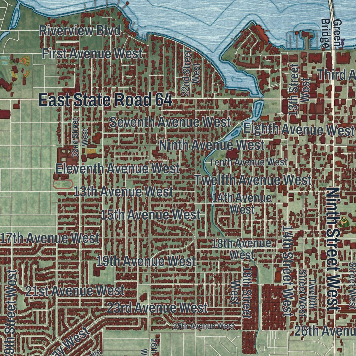 Close-up 1 of the Bradenton, Florida map artwork