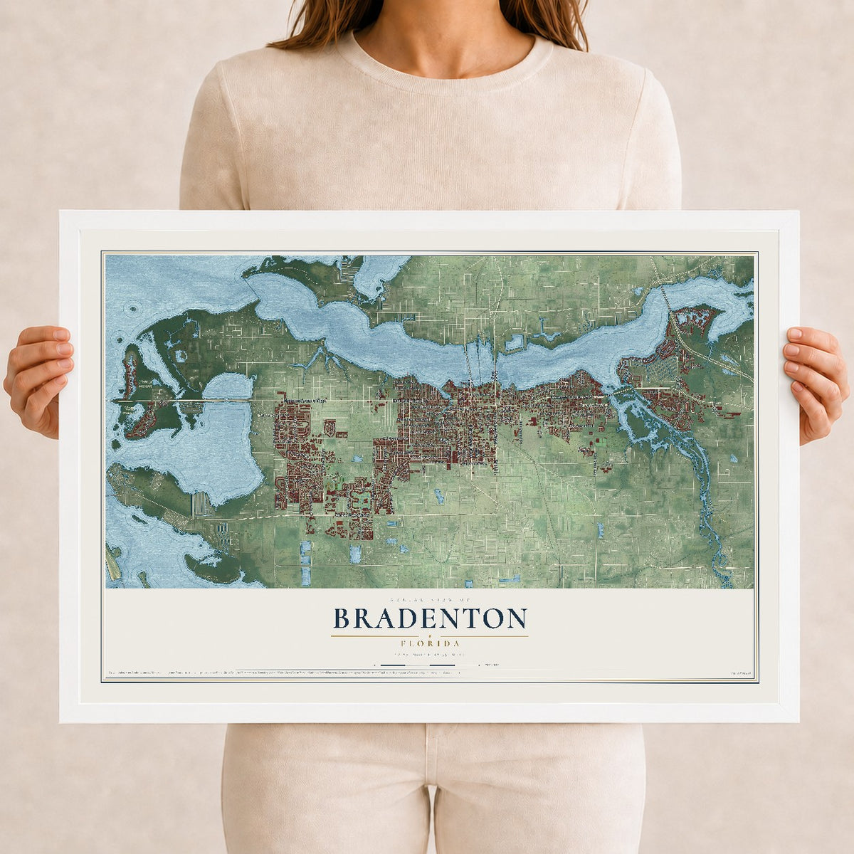 Bradenton, Florida map print, 12" x 18" W/ White Ayous Wood Frame mockup