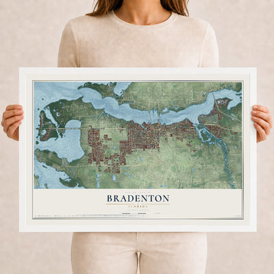 Bradenton, Florida map print, 12" x 18" W/ White Ayous Wood Frame mockup