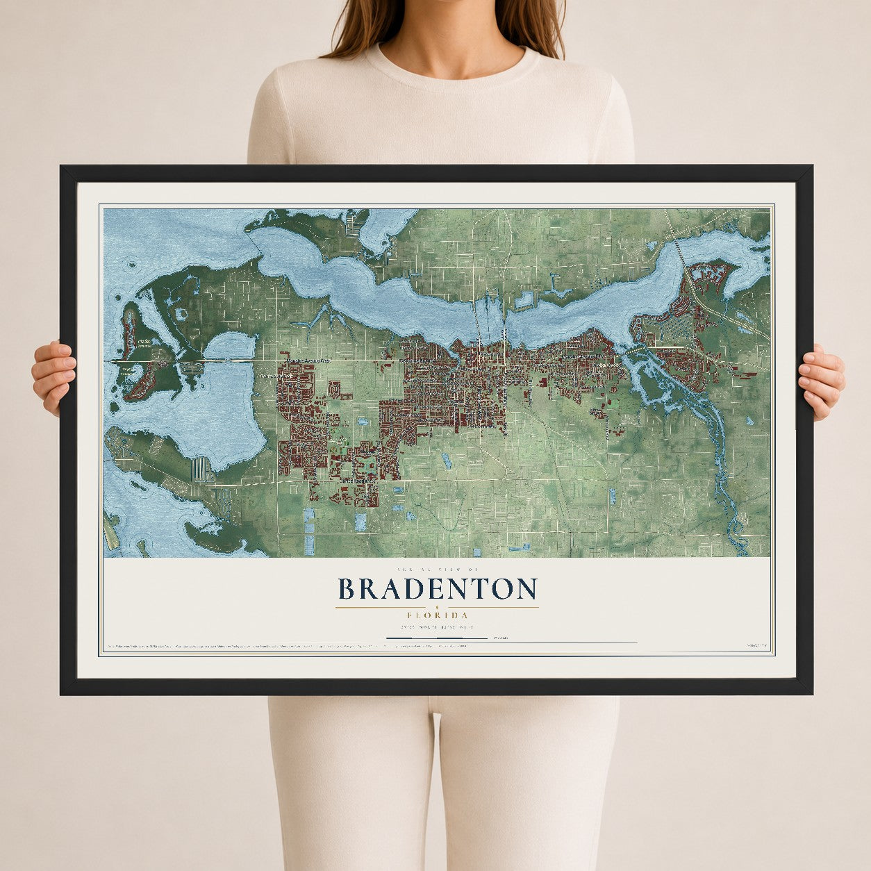 Bradenton, Florida map print, 24" x 36" W/ Black Ayous Wood Frame mockup