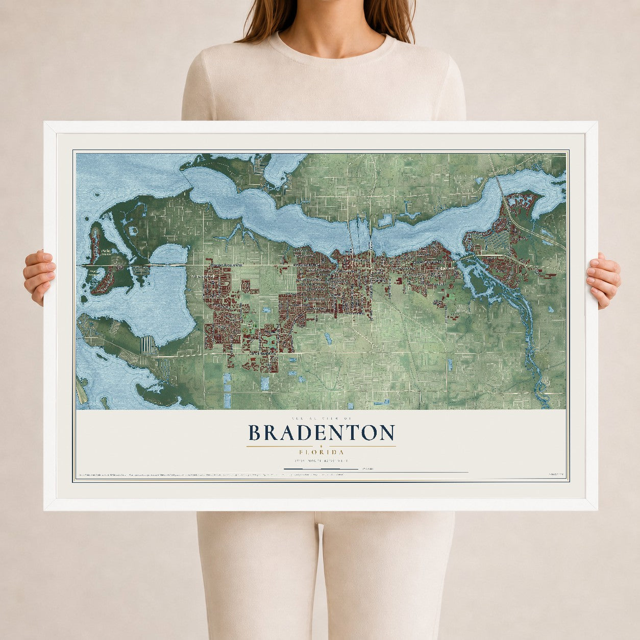 Bradenton, Florida map print, 24" x 36" W/ White Ayous Wood Frame mockup