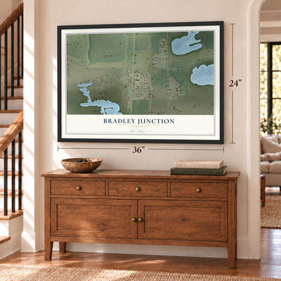 Bradley Junction, Florida map, 24 x 36 inch print in a black frame above a dresser by a staircase