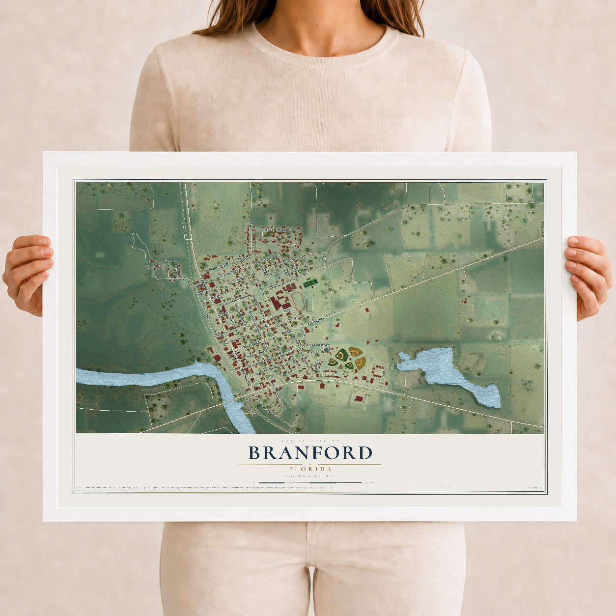 Branford, Florida map print, 12" x 18" W/ White Ayous Wood Frame mockup