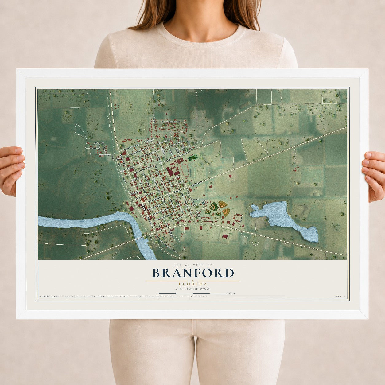 Branford, Florida map print, 18" x 24" W/ White Ayous Wood Frame mockup