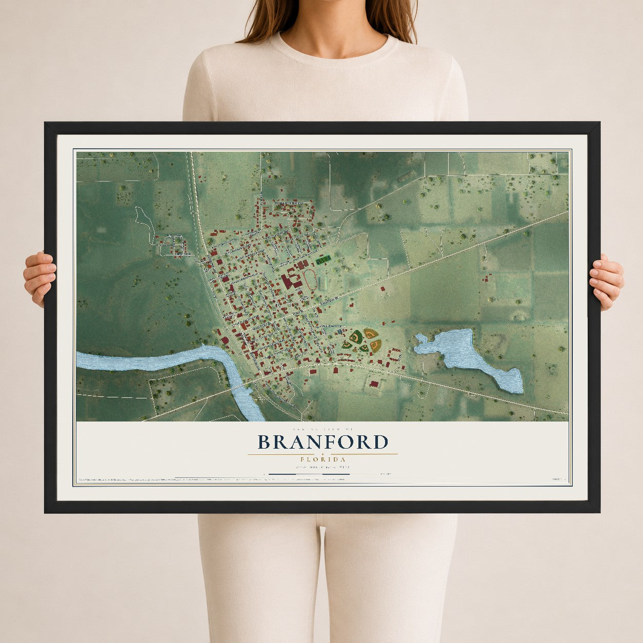 Branford, Florida map print, 24" x 36" W/ Black Ayous Wood Frame mockup